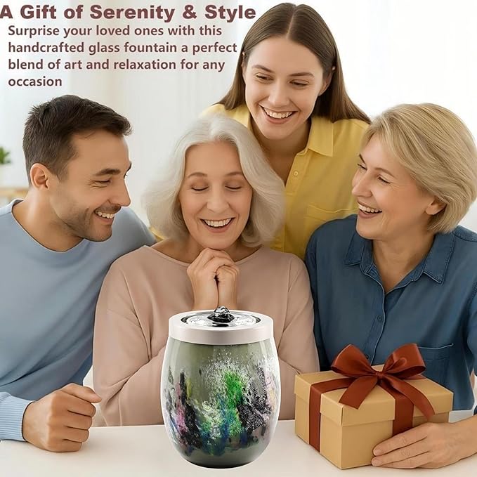 VOREEN Handblown Glass Tabletop Fountain - Art Glass Indoor Fountain with Cool White Ambient Glow - Optional Aromatherapy for Home, Spa, Office Décor - Grey - Bloomnest