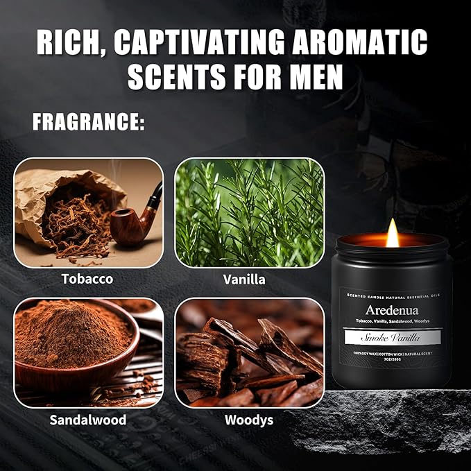 Smoke & Vanilla Candle | Manly Candles for Home Scented, Masculine Soy Candles for Men - 7oz Long Lasting Scented Candle for Home, Aromatherapy Gift for Men & Women - Bloomnest
