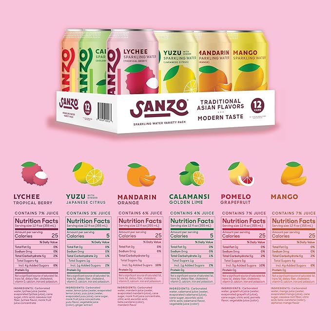 Sanzo Flavored Sparkling Water Variety Pack - Yuzu Lemon, Calamansi Lime, Pomelo Grapefruit, Mango, Lychee, Mandarin Orange - Asian Drinks Carbonated Flavored Water, Fizzy Seltzer - 12oz, 12 Pack - Bloomnest