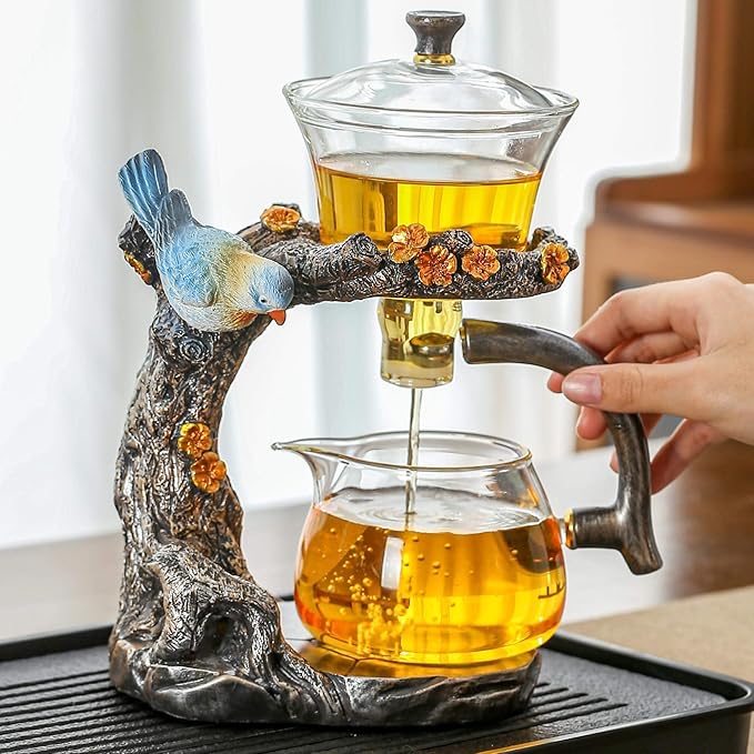 Glass Kungfu Teapot Set Tea maker with Infuser Semi Automatic Tea Set (Blue bird) - Bloomnest