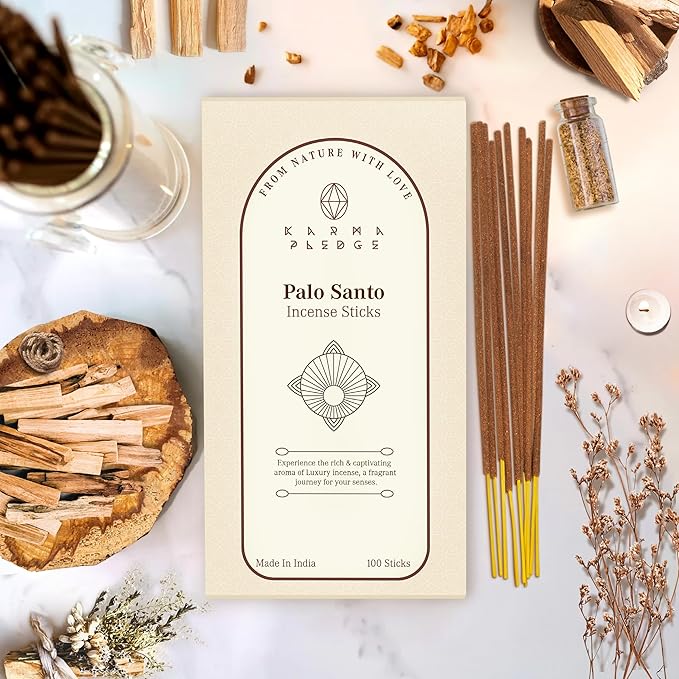 Palo Santo Incense Sticks, Organic Hand Dipped 100 Sticks with Natural Herbs & Aromatic Ingredients, Burn Time 45 to 60 Minutes, Incense for Positivity, Yoga, Meditation, Relaxation, Spiritual Gift KARMAPLEDGE