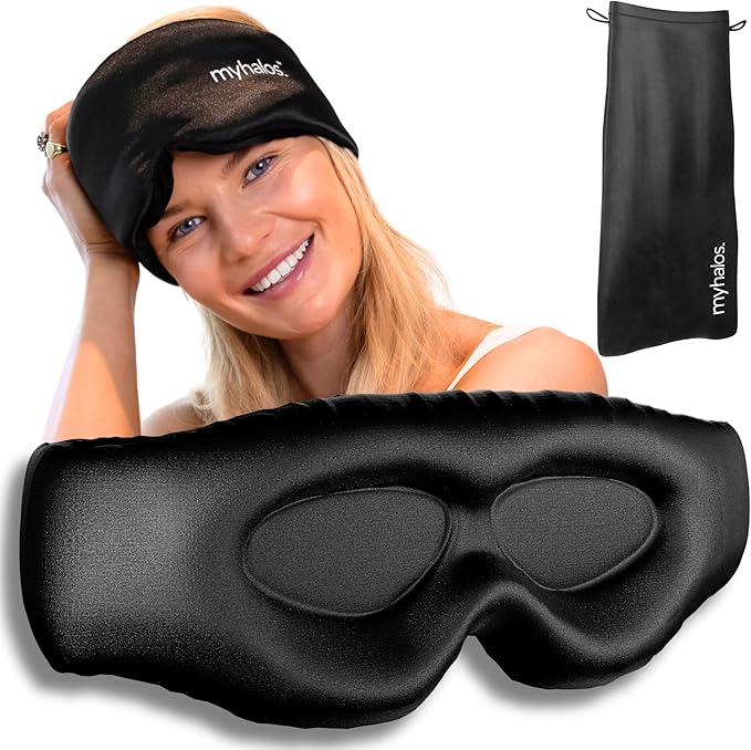 MyHalos 3D Mulberry Silk Sleep Mask for Women & Men with Cups, Blackout - Silk Eye Masks for Sleep Anywhere, Travel, Night, Face, Side - Eye Cover, Sleeping Mask, Eyemask, Sleepmask, Black - Bloomnest