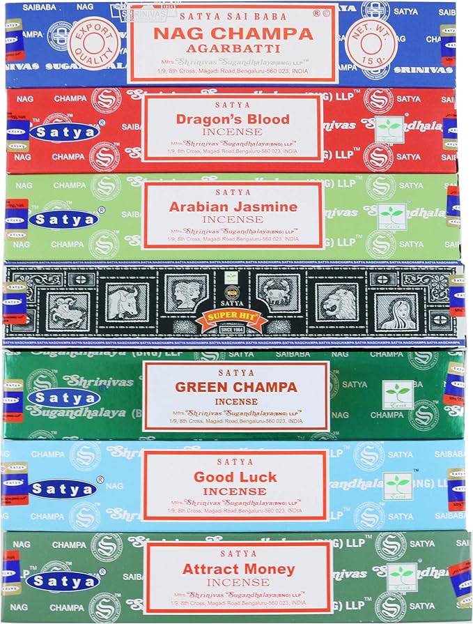 Satya Incense Sticks Gift Set, 7 Scents, Nag Champa, Dragon's Blood, Arabian Jasmine, Super Hit, Green Champa, Goodluck, Attract Money, 15g Each (Relaxation Mix) Satya