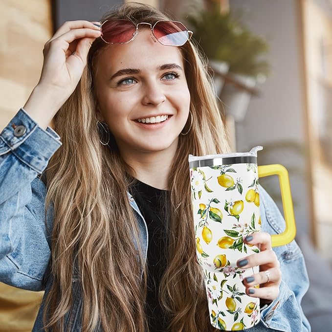 Ceovfoi 40 oz Lemon Print Stainless Steel Tumbler With Lid and Straw - Yellow Coffee Travel Mug Cup Water Bottle - Gifts for Lemon Lovers - Bloomnest