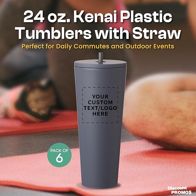 DISCOUNT PROMOS Custom Kenai Plastic Tumblers with Straw 24 oz., Set of 6, Personalized Bulk Pack - Ideal for Busy Professionals, With lids, Ice Coffee Tumbler, To Go Cup, Insulated - Charcoal - Bloomnest