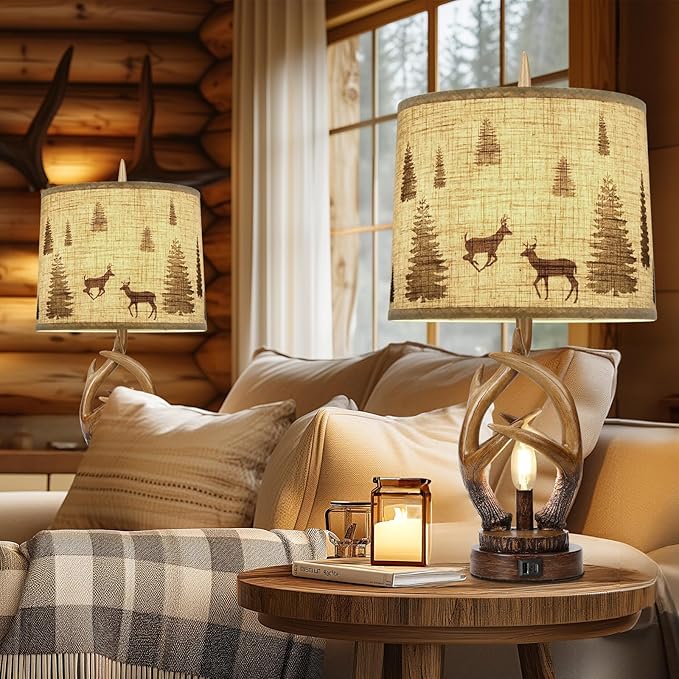 Scenekoy Rustic Farmhouse Antlers Table Lamp Set of 2 with Nightlight Dual USB Ports Linen Fabric Round Shade Bedside Lamp Decor for Living Room Bedroom Office House - Bloomnest