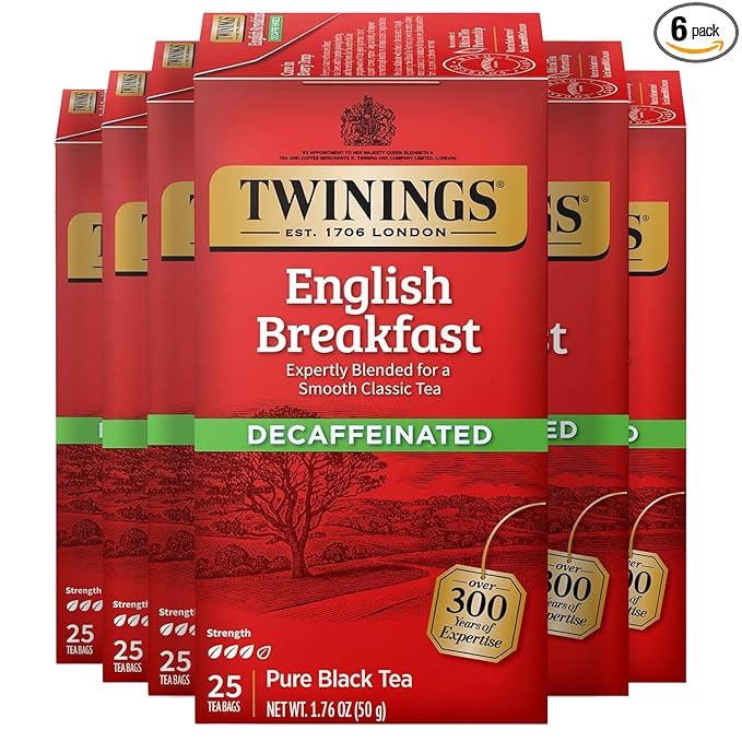 Twinings Decaffeinated English Breakfast Black Tea Individually Wrapped Bags, 25 Count (Pack of 6), Flavourful, Robust, Enjoy Hot or Iced, 150 Teabags - Bloomnest