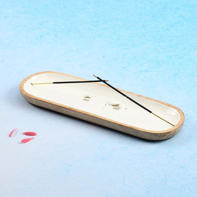 Folkulture Incense Holder for Home | Modern Incense Burner or Insence-Stick Holder for Gifts| Mango Wood Incense Tray Trough for Sticks 12 x 4 Inches, White