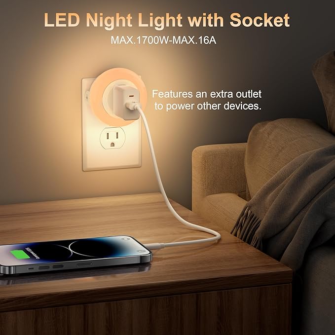 YiaMia Night Lights Plug Into Wall, Dusk to Dawn Sensor Night Light with Outlet, Warm Light Dimmable Nightlights–5-25 Lumens, Auto On/Off, Perfect for Bedroom, Hallway, Living Room & Kitchen,2Pack - Bloomnest