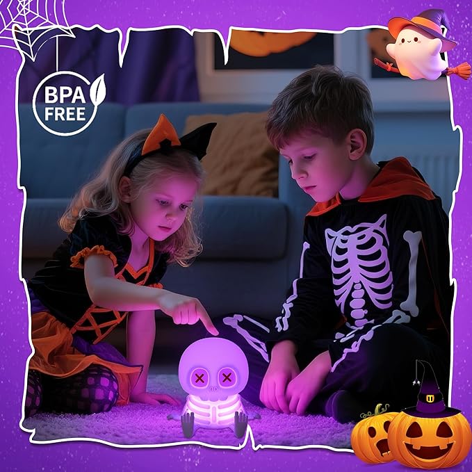 Skull Night Light, Cute LED Silicone Lamp, Color Changing & Dimmable Helloween Room Decor, 20 Mins Timer Squishy Cordless Rechargeable Nightlight, Bedside Light for Christmas Halloween Gifts - Bloomnest