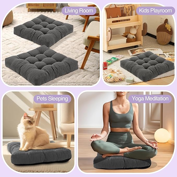 Floor Cushions for Adults Floor Pillows for Sitting Large Square Tufted Meditation Pillows Memory Foam 2 Pcs, 22" x 22", Purple - Bloomnest