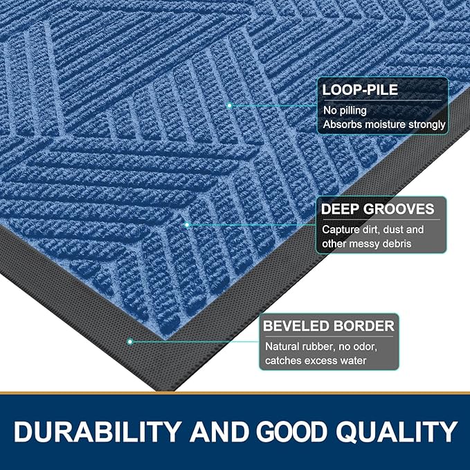 Smiry Front Door Mat Outside Entrance, Heavy Duty Sturdy Natural Rubber Doormat, Trap Dirt and Moisture, Easy Clean Low Profile Mats for Indoor Outdoor Entry, Irregular Triangle (36x24, Blue) - Bloomnest