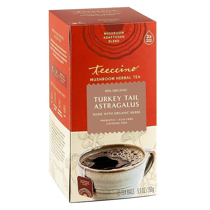 Teeccino Mushroom Herbal Tea - Turkey Tail Astragalus Toasted Maple - Caffeine Free, Prebiotic, 3x More Herbs - 25 Tea Bags - Bloomnest