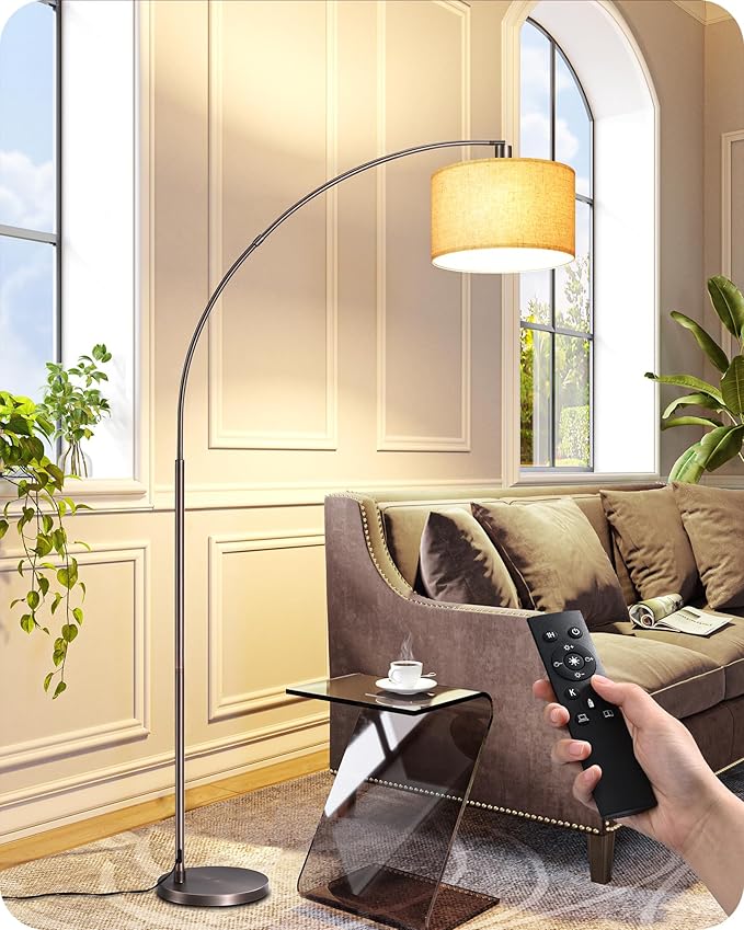 EDISHINE Dimmable Mid Century Modern Floor Lamp with Remote, Tall Arc Standing Lamps with Adjustable Drum Shade, Standing Corner Light for Living Room, Bedroom, Dining Room, Bronze - Bloomnest