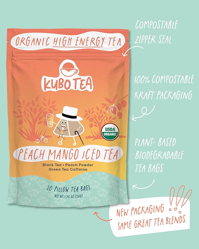 Kubo Tea Peach Mango Black Iced Tea - Organic Pillow Tea Bags - High Caffeine Coffee Alternative w/ 20 Servings (155mg Caffeine each) - Premium Flavored Blend w/Compostable & Biodegradable Packaging - Bloomnest