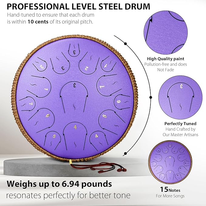 Steel Tongue Drum - 14 Inch 15 Note Tongue Drum - Hand Pan Drum with Music Book, Handpan Mallets and Carry Bag, C Major, Purple - Bloomnest