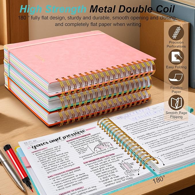Hardcover Spiral Notebook 6.2"x 8.2" Journal Notebook with Tabs and Removable Dividers 300 Pages 5 Subject Notebook College Ruled, Faux Leather Spiral Bound Notebook for Women School Work (Blue) - Bloomnest