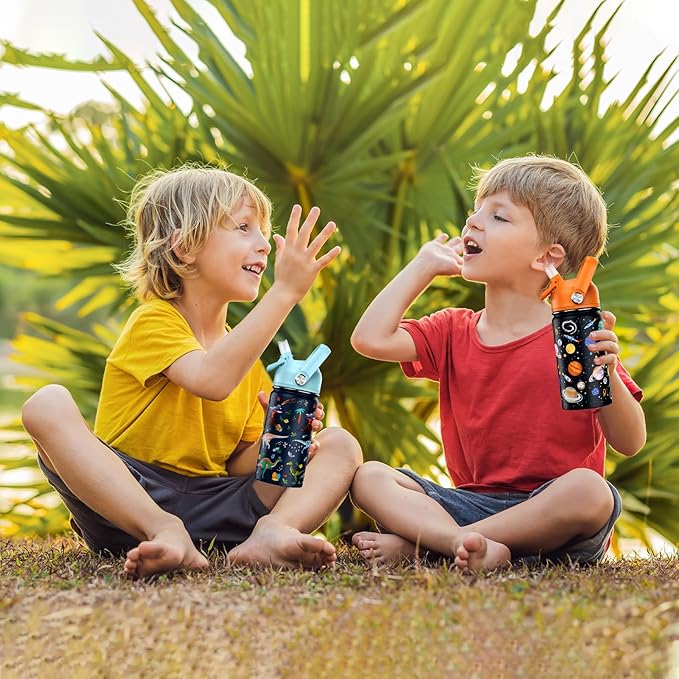 14oz Kids Insulated Water Bottle with Straw Lid - 18/8 Stainless Steel Kid Cup Travel Tumbler Double Wall Vacuum Leak Proof Portable Toddler Water Bottle (Space + Dinosaur) - Bloomnest