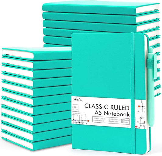 feela 24 Pack Journal Notebook Bulk for Work, Business Notebook Hardcover Lined Writing Journal with Pen Holder for Men Women Note Taking, with 24 Black Pens, 120 GSM, 5.1”x8.3”, A5, Aqua - Bloomnest