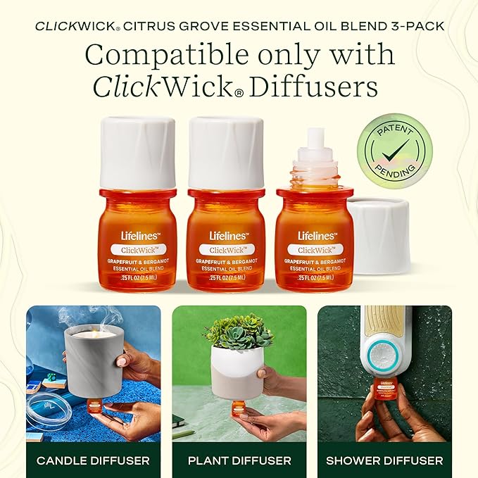 ClickWick Essential Oil Blends for Lifelines Diffusers, 3-Pack Citrus Grove Set - Essential Oil Blend Refill for Candle, Plant & Shower Aromatherapy Diffuser - Fragrance for Diffusers - Bloomnest