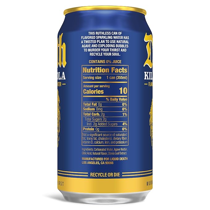 Liquid Death Soda-Flavored Sparkling Water - Killer Cola, Less Sugar*, Huge Flavor, No Caffeine, No Artificial Sweeteners, 12 Fl Oz (Pack of 12) - Bloomnest