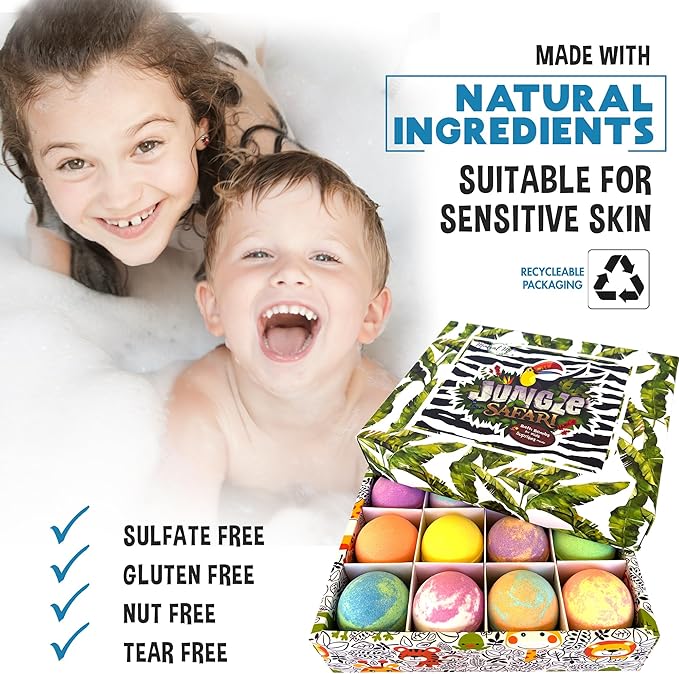Bath Bombs for Kids with Surprise Inside, 12 Bubble Bath Fizzies with Jungle Animal Toys. Moisturizing, Gentle & Kids Safe, Rainbow Spa Bath Fizz, Stocking Stuffers Christmas Gifts for Boys, Girls - Bloomnest