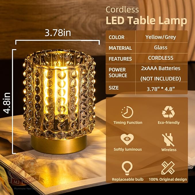 Battery Operated Lamp with Timer, Mini Crystal Table Lamps for Home Decor, Small Cordless Lamp for Areas No Outlets, Glass Battery Powered Lamps for Entryway, Bedroom, Bathroom, Shelf, Corner(Gray) - Bloomnest