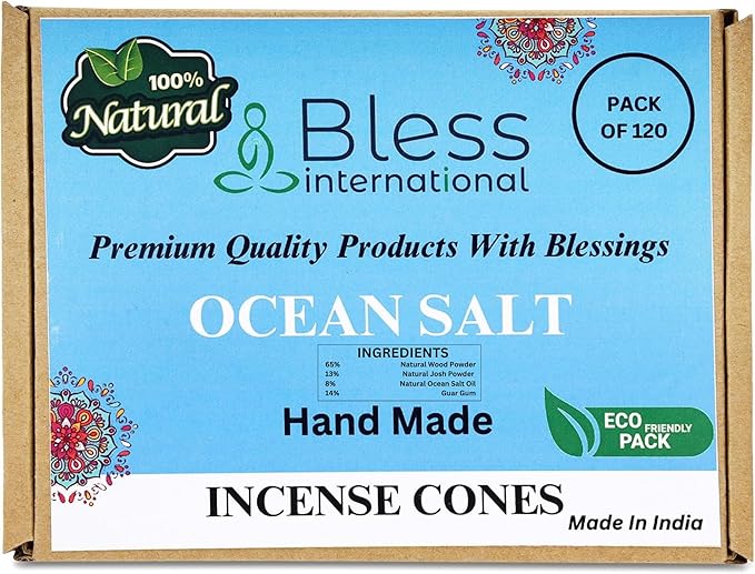 Bless International Ocean-Salt 100%-Natural-Incense-Cones Handmade-Hand-Dipped Organic-Chemicals-Free for-Purification-Relaxation-Positivity-Yoga-Meditation The-Best-scents (120 Count) BlessInternational