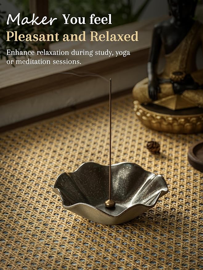 4 in 1 Incense Burner 6 Inch Inscents-Sticks Holder, Lotus Incense Holder for Sticks, Insence Burner with 3 Incense Sockets for Meditation, Yoga, Home Decor, Black and Brown