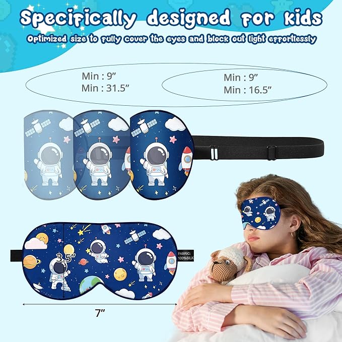 Kids Sleep Mask Eye Cover: 100% Real Natural Pure Silk Eye Mask with Adjustable Strap, Funny Blindfold Kids Eye Mask for Sleeping, Soft & Lightweight Eye Shade for Boys Girls Teens (Space Style) - Bloomnest