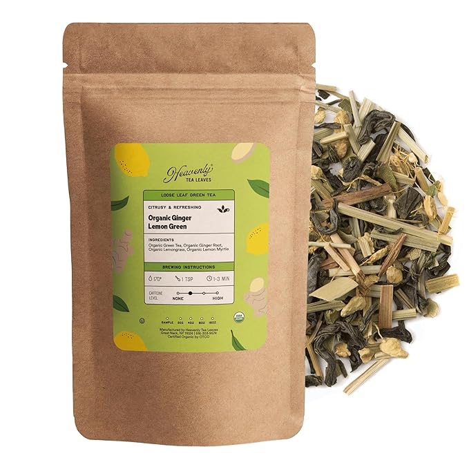 Heavenly Tea Leaves Organic Ginger Lemon Green, Loose Leaf Green Tea, 4 oz. (Approx. 50 Cups of Tea) - Antioxidant & Immune Boosting, Hot or Iced Tea, Great Natural Energy Source - Bloomnest