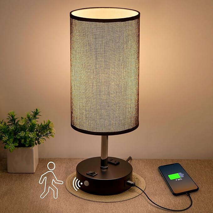 Table Lamps with Motion Sensor and Constant on Two Modes, USB Lamp with Warm White Bulb, Fabric Shade, Built-in USB Port & AC Outlet - Bedside Table Lamp for Bedroom or Living Room - Bloomnest