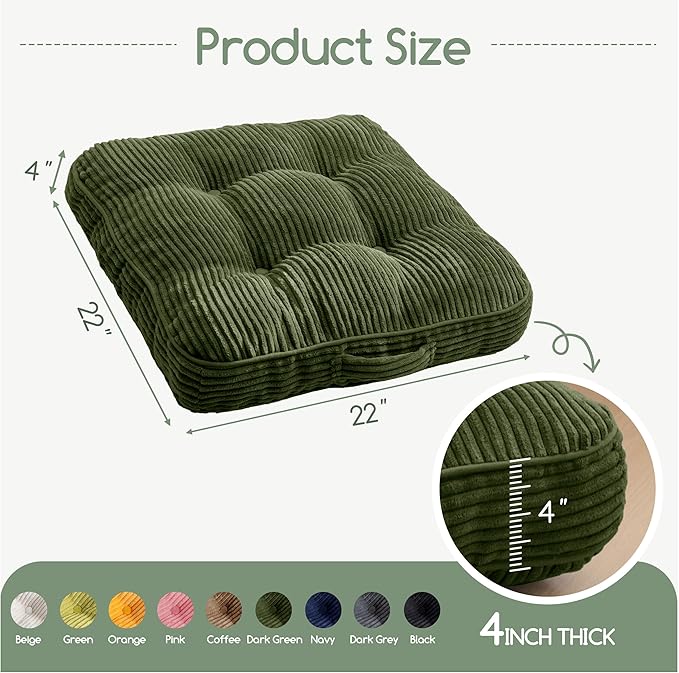 Washable Floor Pillow Cushion for Adults, Meditation Cushion Pillow, Large Square Floor Sitting, Removable Tufted Corduroy Cover, for Tatami Living Room or Yoga, 22x22 Inch, 2Pack, Machine Washable - Bloomnest