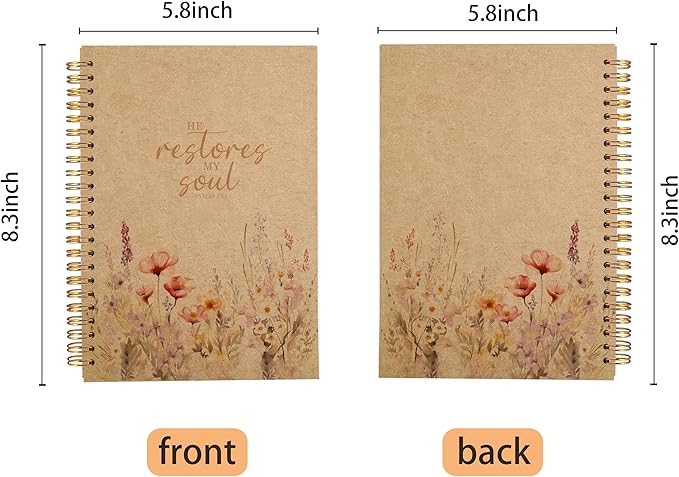 Christian Notebook for Women, Christian Art Gifts Journal, Prayer Journal for Women, Bible Journaling Notebook, PSALM 23:3 He Restores My Soul Floral Spiral Notebook 5.5x8.3 Kraft Paper - Bloomnest