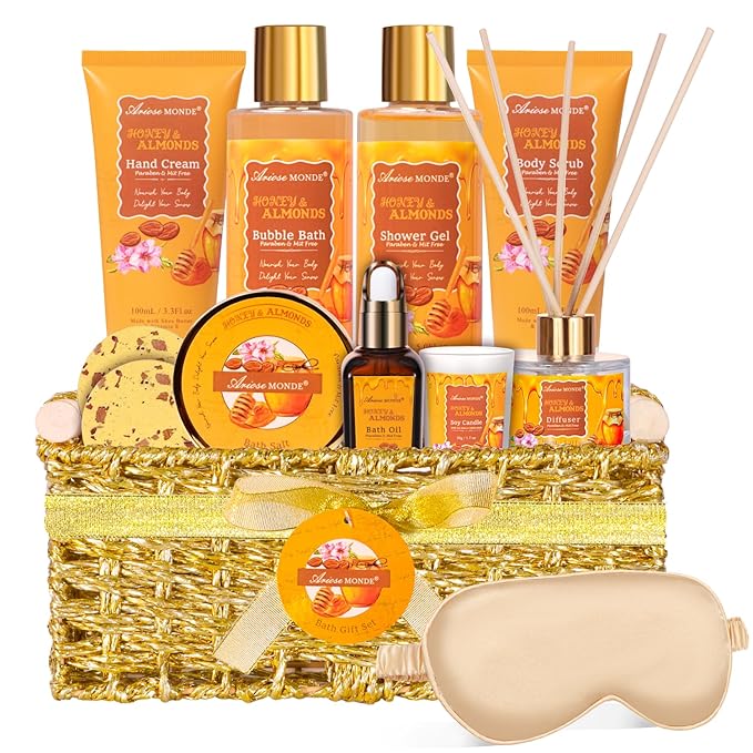 Gift Baskets for Women, Bath and Body Gift Set for her with 13pcs Honey Almond Scented Spa Gifts for Women, Bath Sets Includes Scented Candle, Shower Steamer, Bubble Bath, Bath Salt. Mothers Day Gifts - Bloomnest
