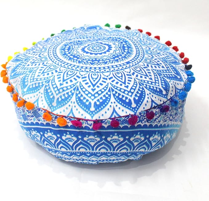 INDIAN CRAFT CASTLE ICC Mandala Barmeri Large Floor Pillow Cover Cushion Meditation Seating Ottoman Throw Cover Hippie Decorative Zipped Bohemian Pouf Ottoman Cases Blue Ombre 16" Round - Bloomnest