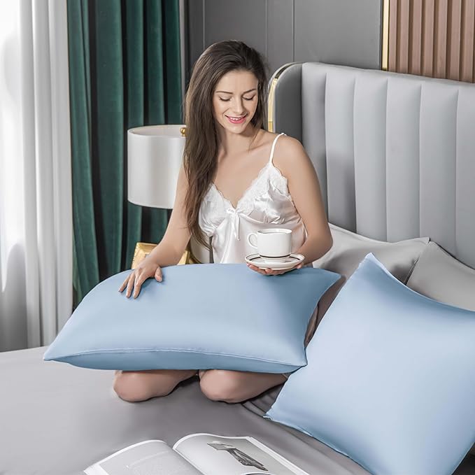 Mulberry Silk Pillowcase for Hair and Skin,Cooling Silk Pillow Case with Hidden Zipper,Allergen Proof Dual Sides Soft Breathable Smooth Silk Pillow Cover for Women (Light Blue,Toddler) - Bloomnest