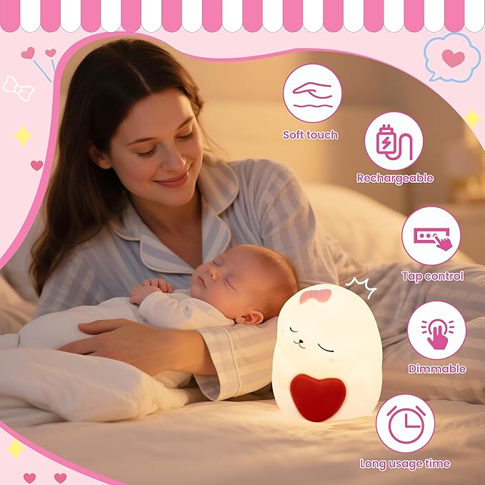 Night Light for Kids, Rechargeable Dimmable Silicone LED Nightlight with 7 Colors, Baby Nursery Night Lamp, Touch Squishy Lamp, Cute Gifts for Girls, Boys, Toddler Room Decor, Rabbit - Bloomnest