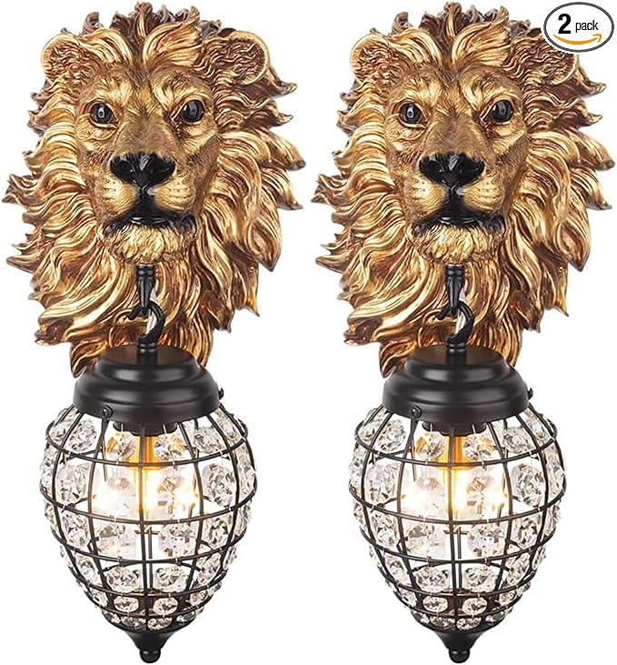 Wall Sconces Set of Two, Vintage Gold Wall Lights Resin Lion Head Design with Crystal Beaded Shade, Animal Decor Wall Lamp Farmhouse Black Sconce Wall Lighting for Living Room Hallway Stairway - Bloomnest