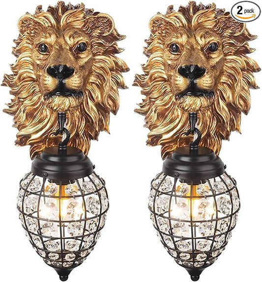 Wall Sconces Set of Two, Vintage Gold Wall Lights Resin Lion Head Design with Crystal Beaded Shade, Animal Decor Wall Lamp Farmhouse Black Sconce Wall Lighting for Living Room Hallway Stairway - Bloomnest