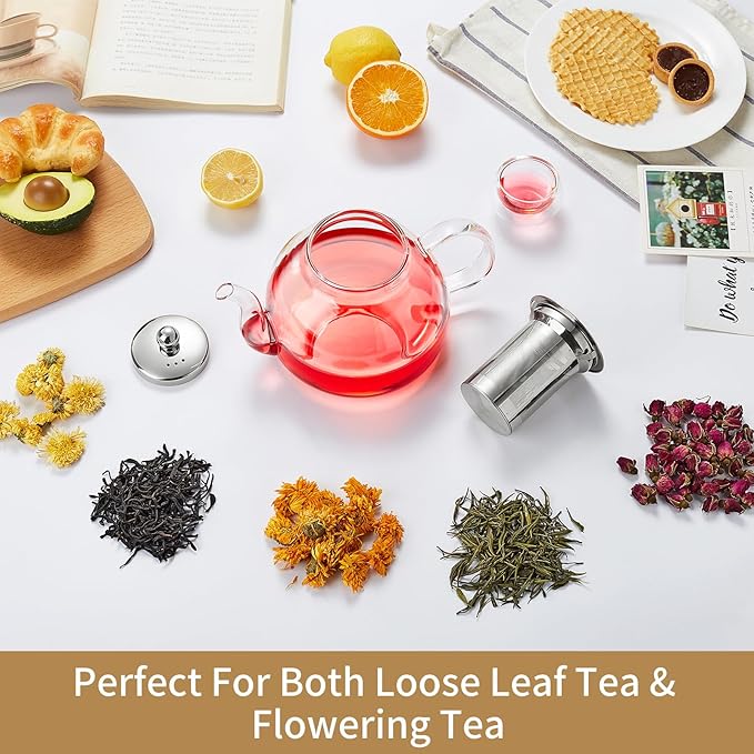 40OZ (1200ML) Glass Teapot with Infuser Stovetop Safe, Clear Glass Tea Pot Kettle, Borosilicate Tea Pot with Infusers Filter for Loose Tea, Tea Kettle Dishwasher Safe - Bloomnest