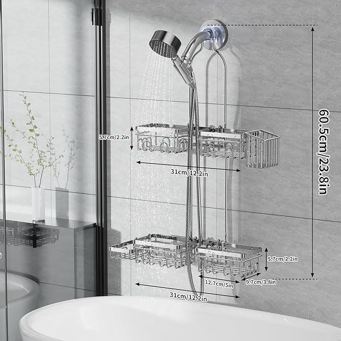 KEGII Shower Caddy Hanging for Handheld Showerheads, Rustproof Hanging Shower Organizer with Soap Dish, Toothbrush Holder and Hooks, Over Showerhead Caddy for Bathroom, Silver - Bloomnest