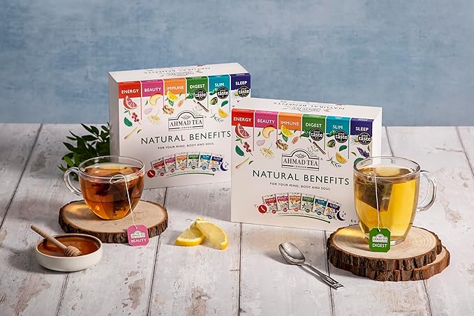 Ahmad Tea Natural Benefit Functional Tea Selection Pack | Green teas, Fruit & Herbal Infusions | Perfect herbal tea gift - 60 Teabag Sachets | 6 blends - Bloomnest