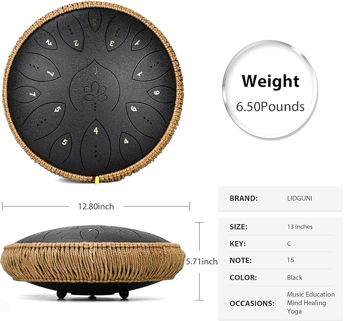 Steel Tongue Drum 13 Inches 15 Notes, Hand Pan Drums for Adults 440hz, C Major Handpan Musical Instrument with Song Book, Mallets and Carry Bag, Black - Bloomnest