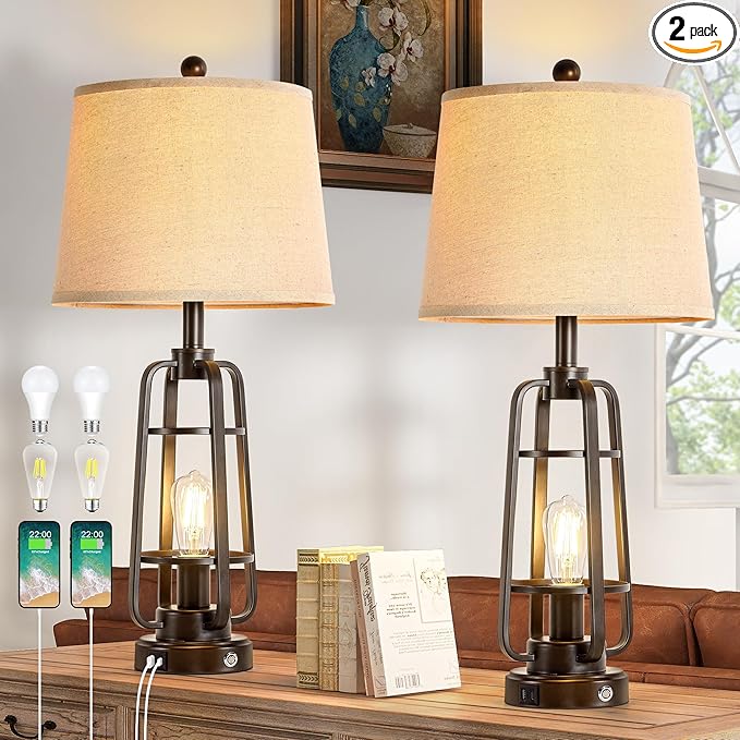 28.7" Table Lamps for Living Room Set of 2, Touch Lamps for Bedrooms with USB C+A Charging Ports, Farmhouse Lamps for Nightstands with Oil Rubbed Bronze Finish, Bulbs Included - Bloomnest