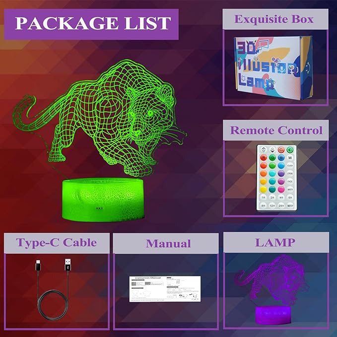 Panther Night Light, 3D Illusion Lamp, 16 Colors Changing, Timer, 4 Flash Modes, Dimmable, Kids Room Decoration, Xmas Panther Gifts - Bloomnest