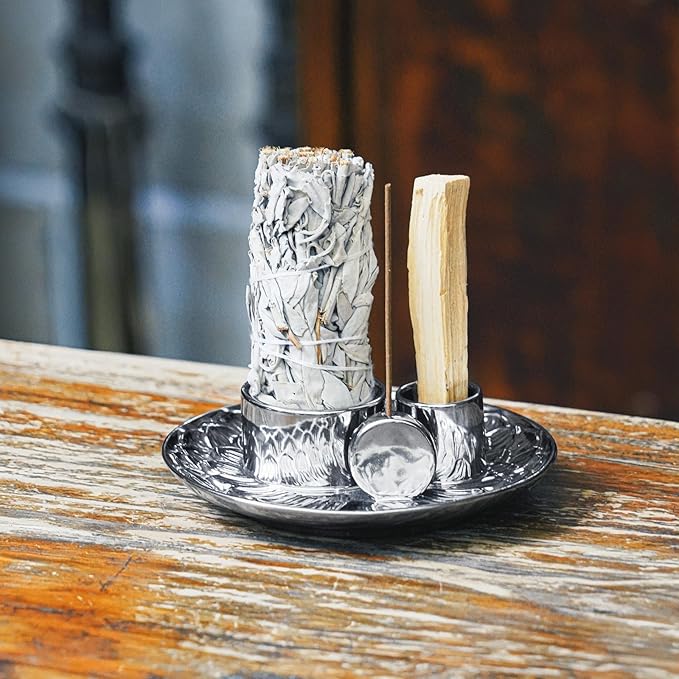 4 in 1 Incense Holder, Ceramic Incense Stick and Palo Santo Holder,Sage Holder for Burning- 5.5" Ceramic Ash Catcher Tray for Meditation and Yoga Room (Silver) - Bloomnest