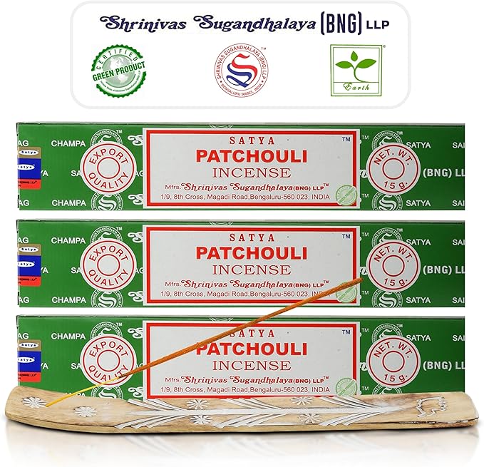 Satya Patchouli Incense Sticks, Satya Bng (Bangalore) Insenses 15gmx3 Pack (45 GMS) with Raajsee Incense Holder Bundle, Satya Nagchampa Natural Incense - Bloomnest
