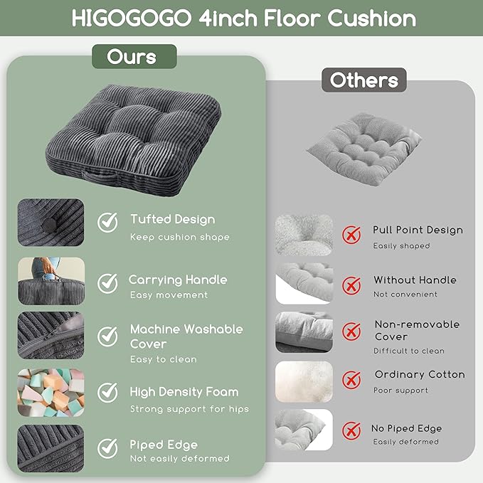 HIGOGOGO Washable Floor Pillow Cushion for Adults, Meditation Cushion Pillow, Large Square Floor Sitting, Removable Tufted Corduroy Cover, for Tatami Living Room or Yoga, 22x22 Inch, Machine Washable - Bloomnest