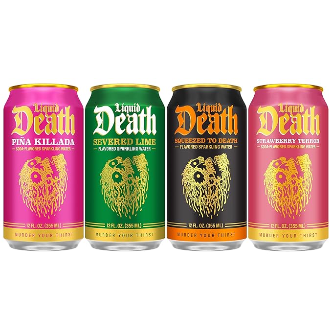 Liquid Death Soda-Flavored Sparkling Water - Modern Variety, Less Sugar*, Huge Flavor, No Caffeine, No Artificial Sweeteners, 4 Flavors: Lime, Orange, Strawberry, Piña Killada 12 Fl Oz (Pack of 12) - Bloomnest